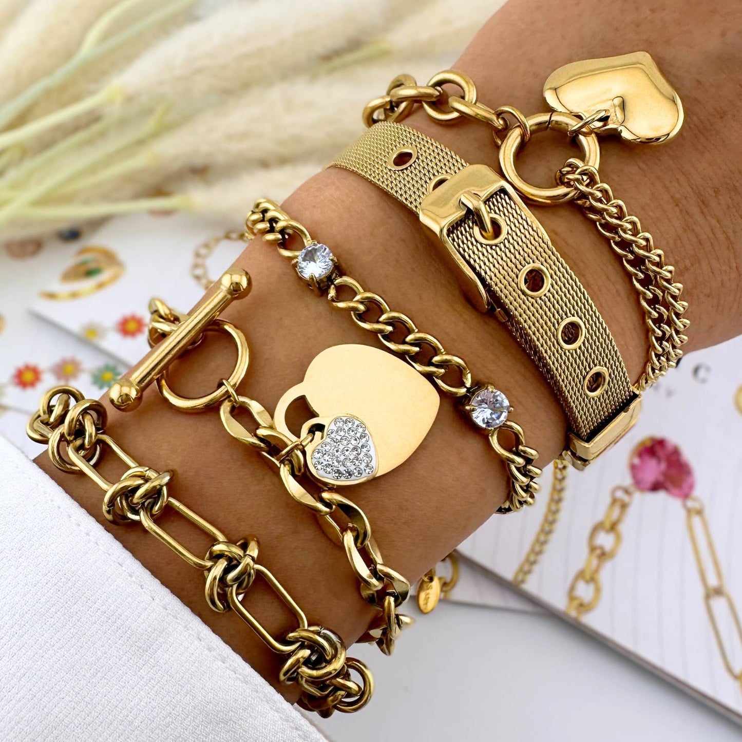 18K gold plated Stainless steel Hearts bracelet, Intensity